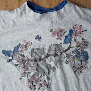 Vintage Day Break Kittens Cats Birds Double Sleeve T-Shirt